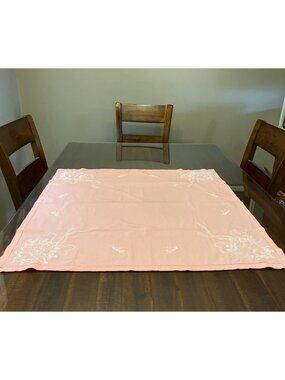 Vintage Pink Embroidered Tablecloth Hemstitched Floral Linen Square